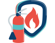 Icon Brandschutz mit Feuer und Feuerlöscher