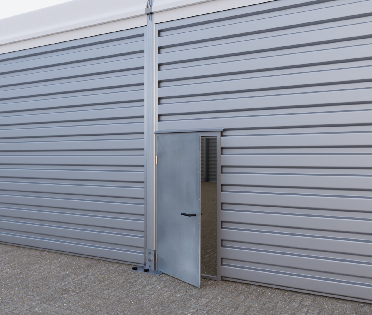 Single-winged steel door of a temporary building